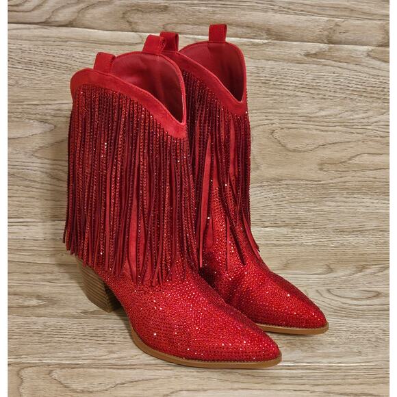 Rhinestone Western Cowboy Boots Fringe Pointed Toe Glitter Tassels Womens 7.5 - Picture 4 of 9